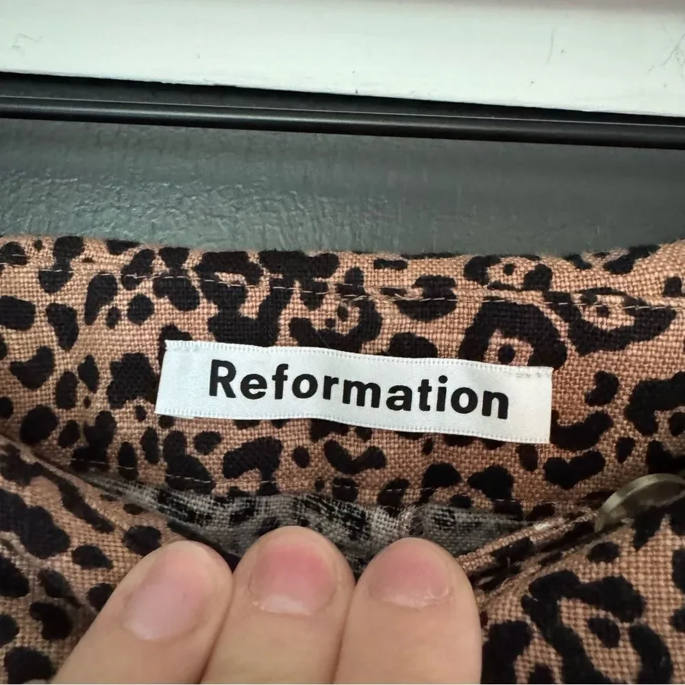 Reformation Women’s Linen Wide Leg Animal Print Trousers with Tie Waist sz 0